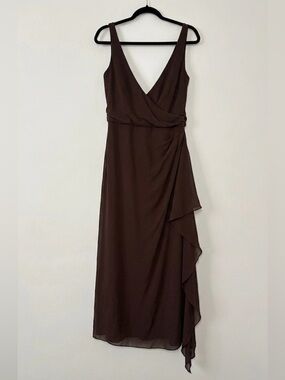 After Six Espresso Brown Asymmetrical Ruffle Chiffon Wedding Guest Dress Size 14